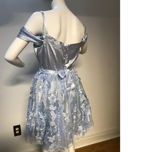 CANADA Le Chateau sky baby blue floral 3D embroidered mesh satin prom wedding - Picture 2 of 9